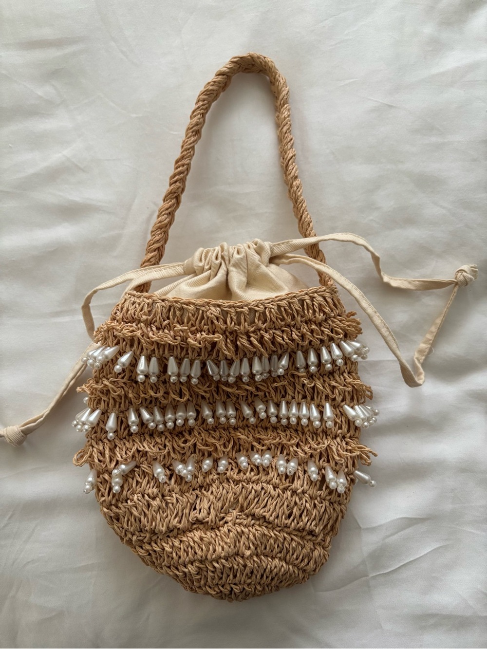 Handmade Straw Pearl-Embellished Drawstring Bag - Beige